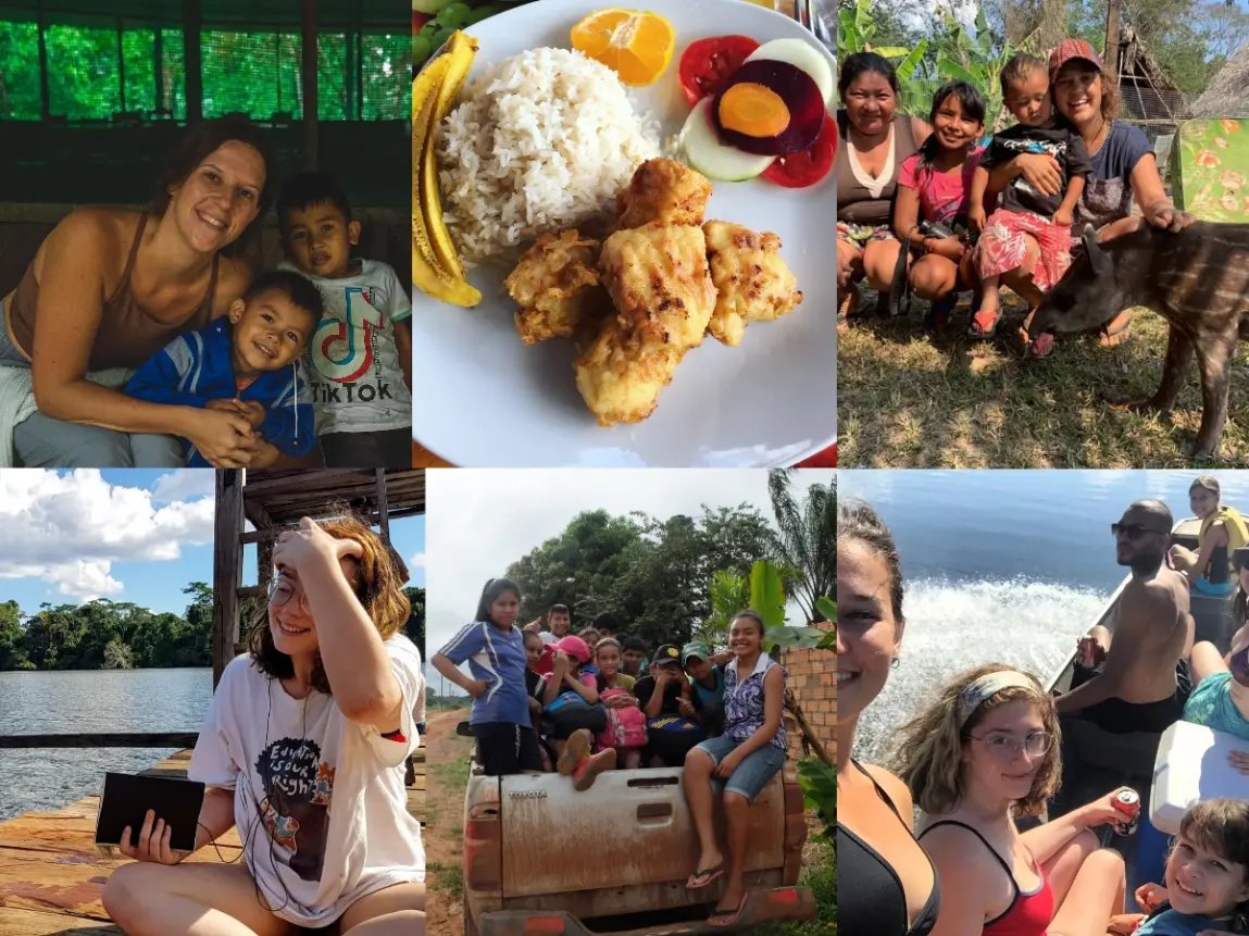 Photo collage of volunteer life in the Bolivian Amazon, showing time with local children and families, shared meals, river views, boat trips, and daily community activities near Aquicuana Reserve, Bolivia.