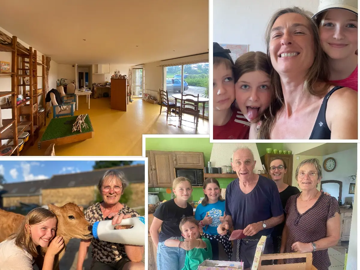 Collage showing the host family, indoor living spaces, a calf being bottle-fed, and everyday family life on an Aubrac cattle farm in Brittany, France