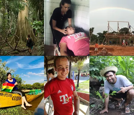 Photo collage of volunteer life in the Bolivian Amazon, showing jungle exploration, community support, construction work, river transport, local activities, and hands-on outdoor volunteering near Aquicuana Reserve, Bolivia.