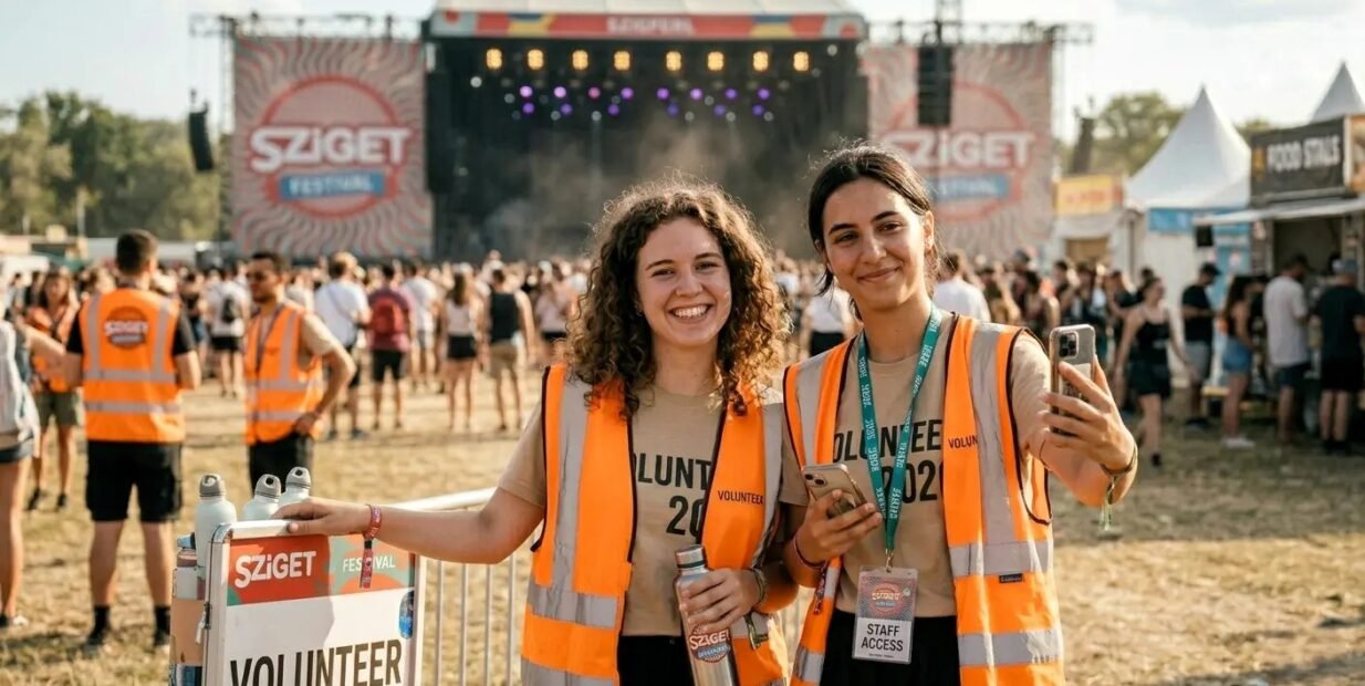 Two Sziget Festival volunteers in orange high-visibility vests smiling near the main stage, with festival crowd, staff passes, and volunteer area in the background