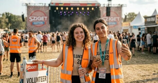 Two Sziget Festival volunteers in orange high-visibility vests smiling near the main stage, with festival crowd, staff passes, and volunteer area in the background