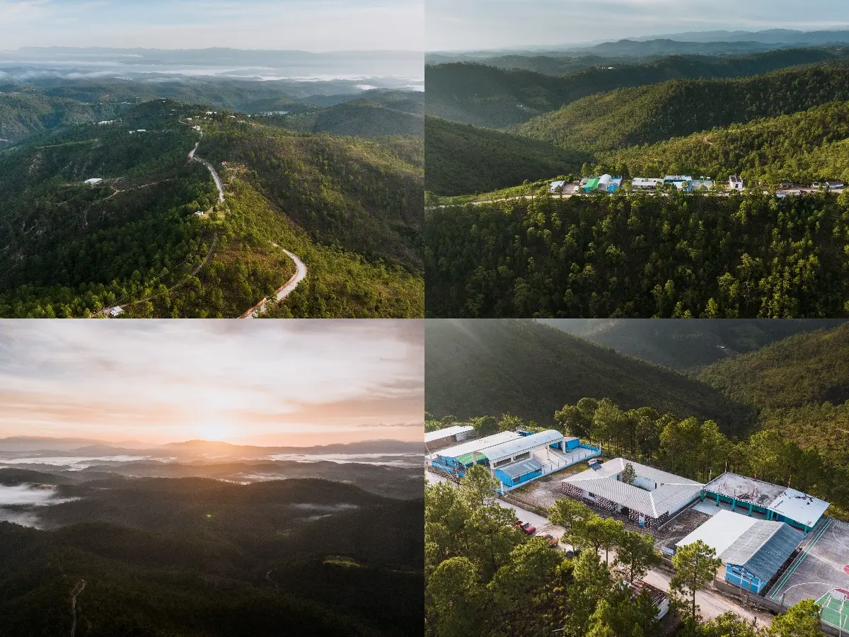Aerial views of the rural highlands of Totonicapán, Guatemala, showing the mountain landscape around the Health & Help community healthcare clinic.