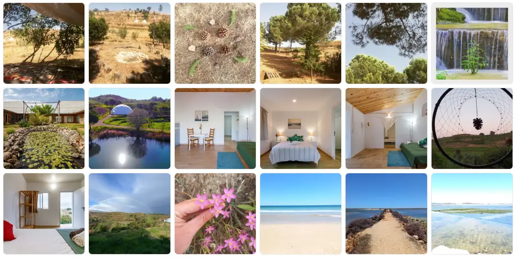 Collage of an Algarve eco retreat in Portugal showing countryside views, reforestation land, pine trees, simple guest rooms, a retreat dome, flowers, nearby beaches and natural landscapes.