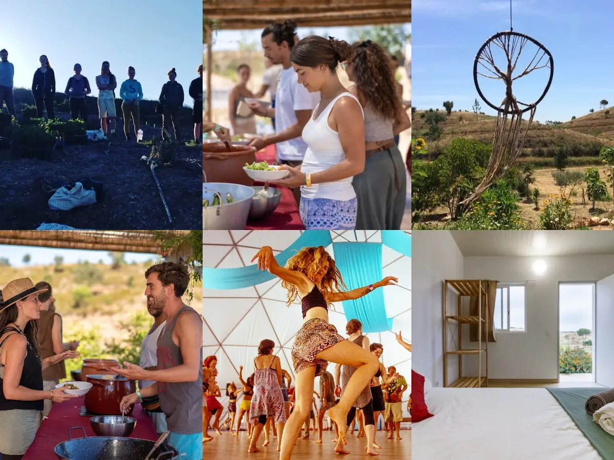 Collage of an Algarve eco retreat in Portugal showing volunteers gardening, sharing vegetarian meals, dancing in a retreat dome, outdoor land restoration areas and simple shared accommodation.