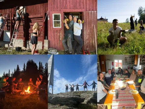 Volunteers and community life at Bjärkan in northern Sweden, surrounded by forests, lakes and summer wilderness.