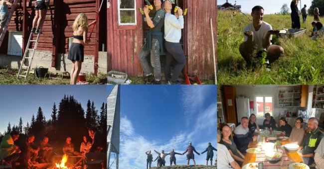 Volunteers and community life at Bjärkan in northern Sweden, surrounded by forests, lakes and summer wilderness.