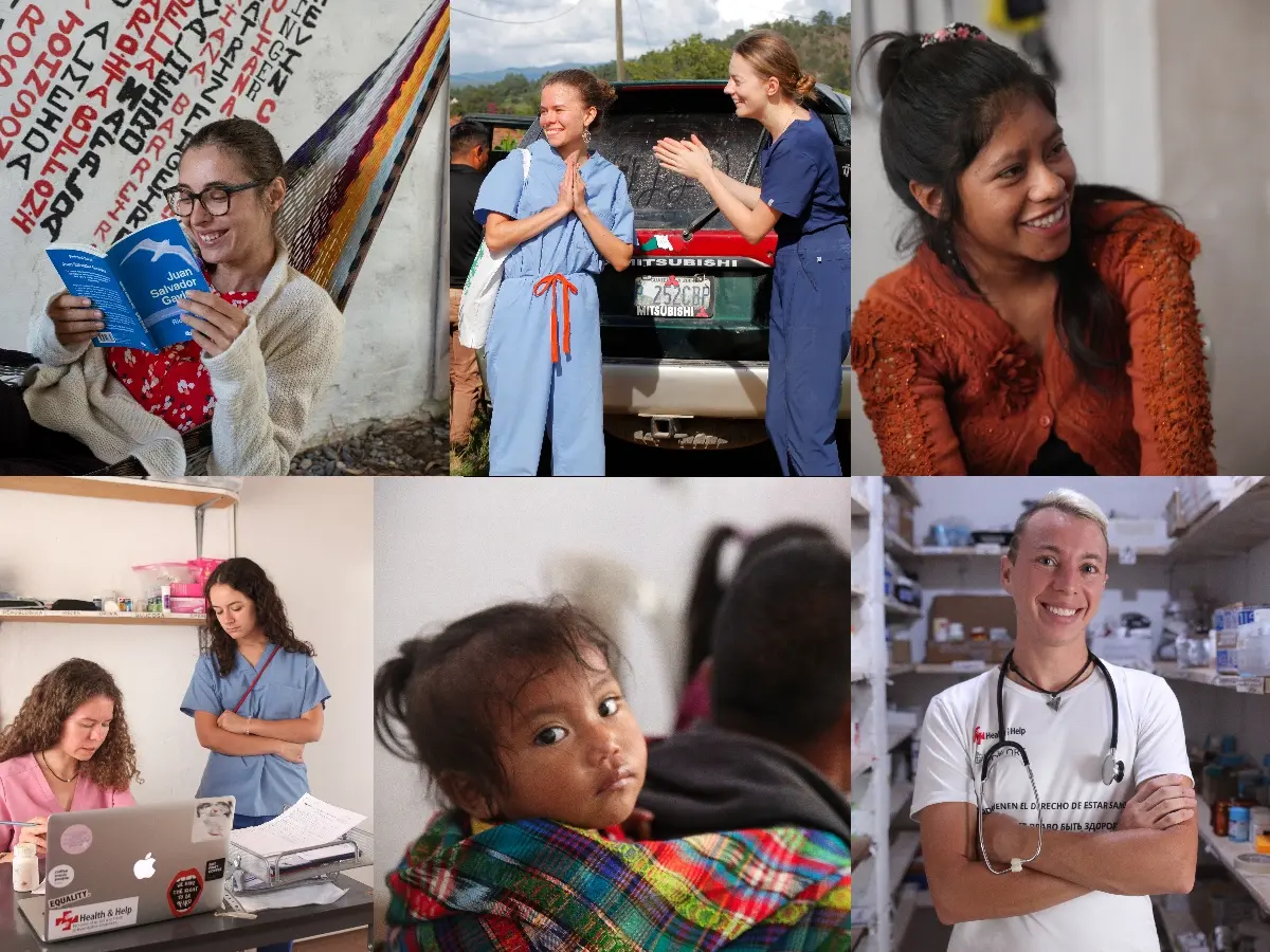 Collage of Health & Help medical volunteers, clinic activities and local community members in rural Guatemala, supporting healthcare access in Totonicapán.