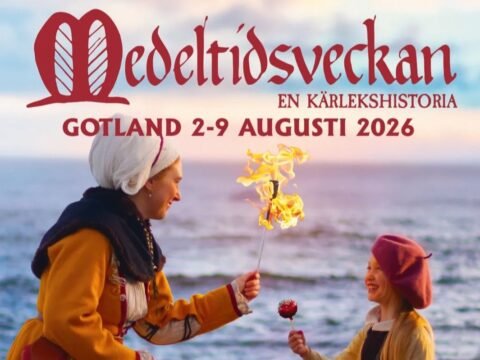 Promotional poster for Medeltidsveckan 2026 on Gotland, Sweden, showing two people in medieval-style clothing by the sea with the festival dates 2–9 August 2026.