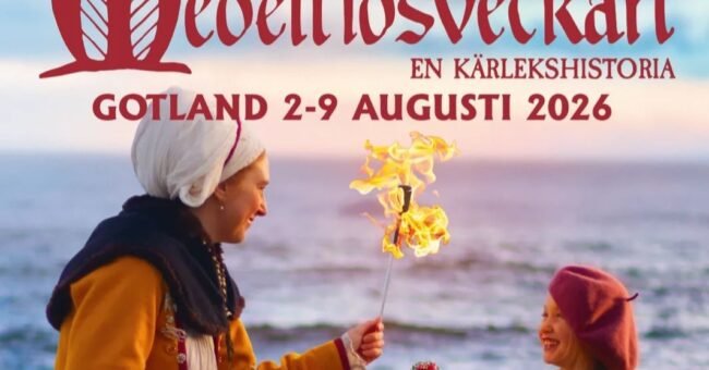 Promotional poster for Medeltidsveckan 2026 on Gotland, Sweden, showing two people in medieval-style clothing by the sea with the festival dates 2–9 August 2026.