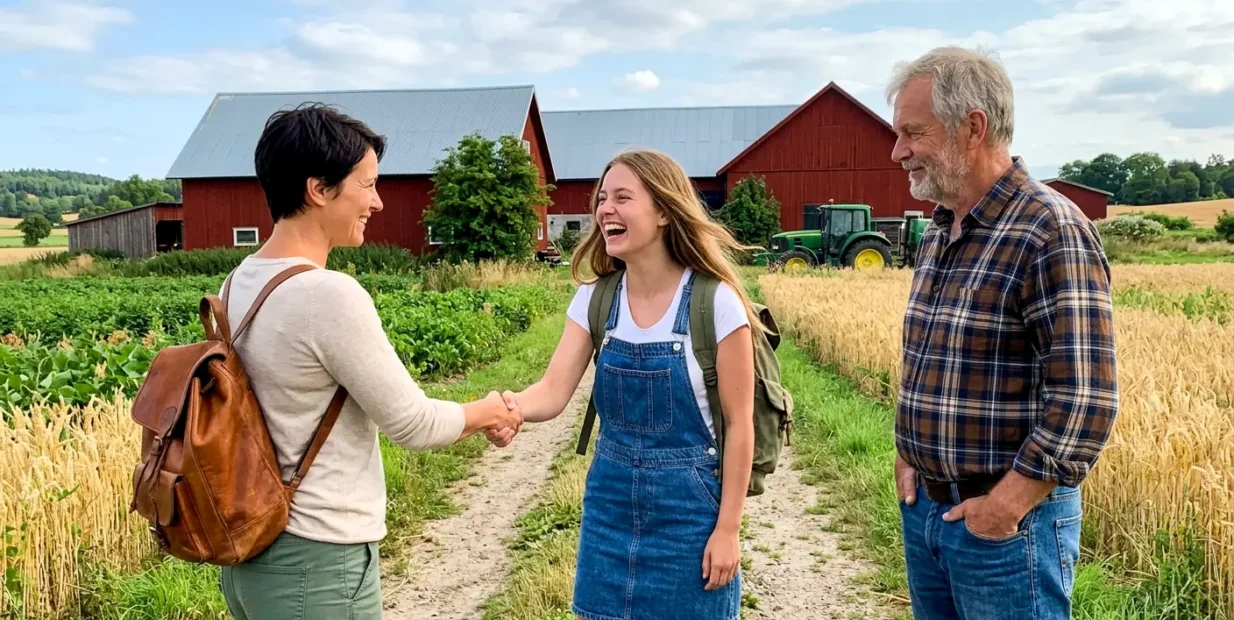 Volunteer arriving at a rural farm and shaking hands with hosts, representing a safe and fair volunteer exchange based on trust, clarity and respectful communication.