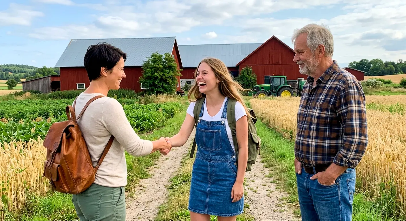 Volunteer arriving at a rural farm and shaking hands with hosts, representing a safe and fair volunteer exchange based on trust, clarity and respectful communication.