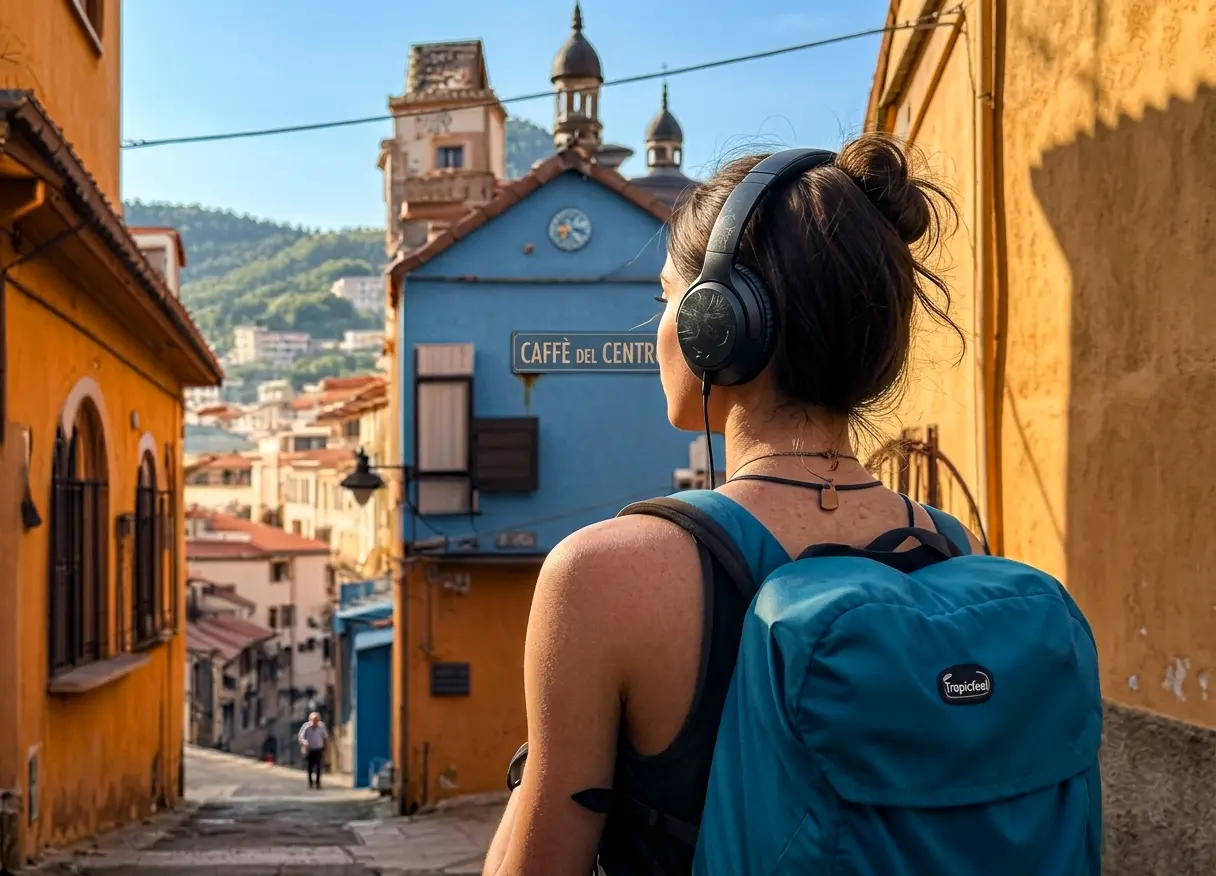 Young traveler with a backpack looking through a town street, representing the importance of having a backup plan before a volunteer exchange trip.