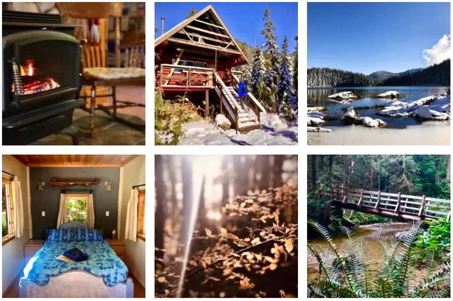 Collage of a cozy lodge hospitality exchange in British Columbia with a fireplace, snowy cabin exterior, forest lake, private room, woodland path and bridge on Canada’s Sunshine Coast.