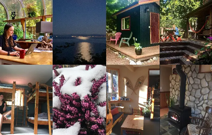 Collage of a cozy lodge on Canada’s Sunshine Coast with forest views, dorm beds, wooden interiors, a fireplace, garden flowers, cabins and coastal scenery, promoting a hospitality exchange in British Columbia.