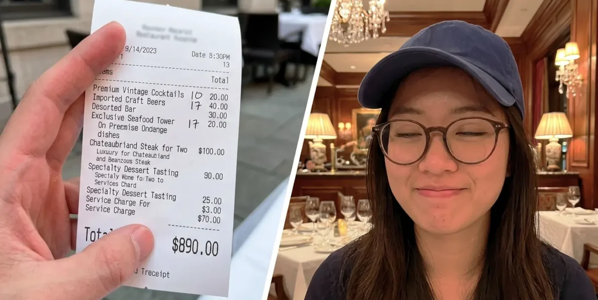Illustration of a dating app scam while traveling, showing an inflated restaurant bill and a woman in an elegant venue after a fake date.