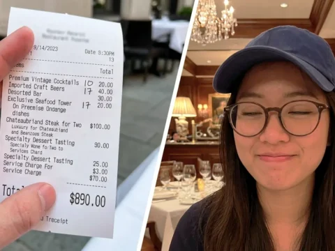 Illustration of a dating app scam while traveling, showing an inflated restaurant bill and a woman in an elegant venue after a fake date.