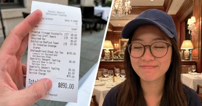 Illustration of a dating app scam while traveling, showing an inflated restaurant bill and a woman in an elegant venue after a fake date.