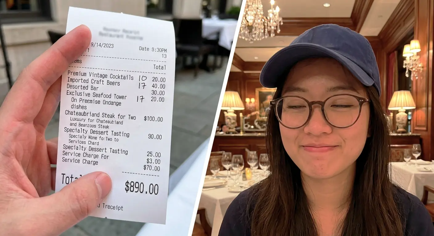 Illustration of a dating app scam while traveling, showing an inflated restaurant bill and a woman in an elegant venue after a fake date.