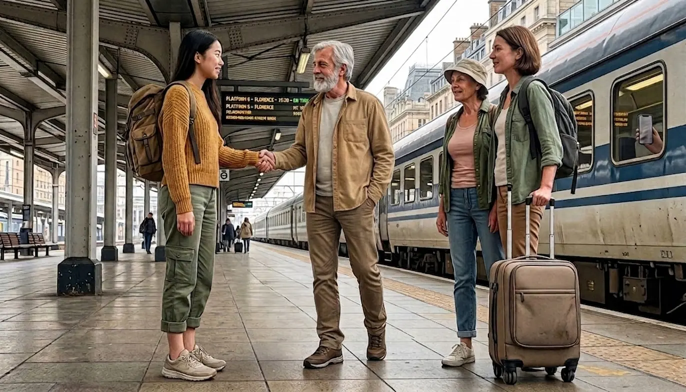 Volunteer meeting hosts for the first time at a train station platform, showing a safe public meeting at the start of a volunteer exchange.