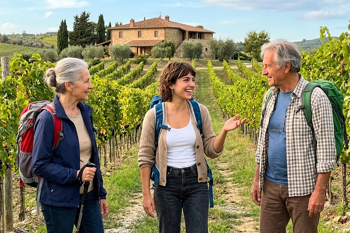 Volunteer speaking with two rural hosts in a vineyard while learning about the local area and emergency procedures during a volunteer exchange.