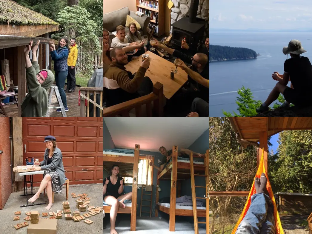 Collage of a volunteer exchange in British Columbia with people helping at a rustic lodge, sharing time indoors, staying in bunk beds, relaxing in a hammock and enjoying coastal views on Canada’s Sunshine Coast.