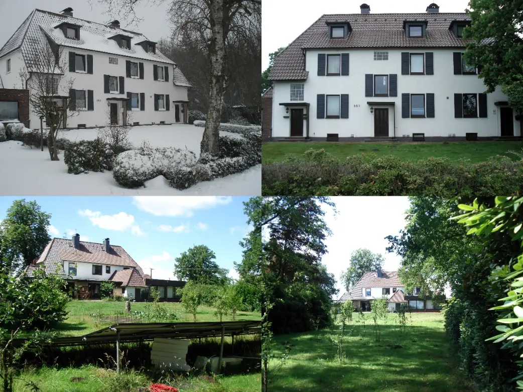 Collage showing a private countryside home and garden in Nordhorn, Germany, in different seasons, where volunteers can help with gardening, animal care, cleaning and general home tasks.