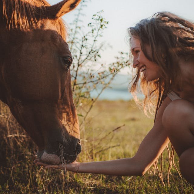 Young female volunteer calmly interacting with a horse outdoors, illustrating respect, trust and personal boundaries during a volunteer exchange.