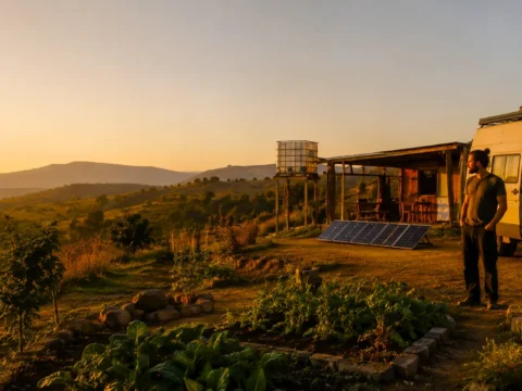 A rural off-grid homestead at sunset with a camper van, solar panels, vegetable gardens and young trees, illustrating simple land-based living and low-cost independence.