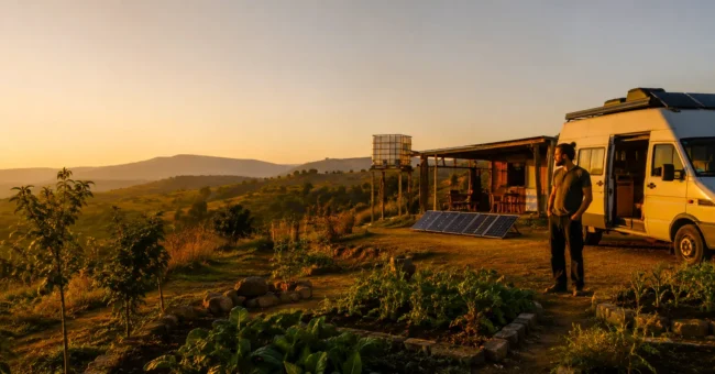 A rural off-grid homestead at sunset with a camper van, solar panels, vegetable gardens and young trees, illustrating simple land-based living and low-cost independence.
