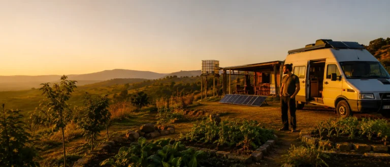 A rural off-grid homestead at sunset with a camper van, solar panels, vegetable gardens and young trees, illustrating simple land-based living and low-cost independence.
