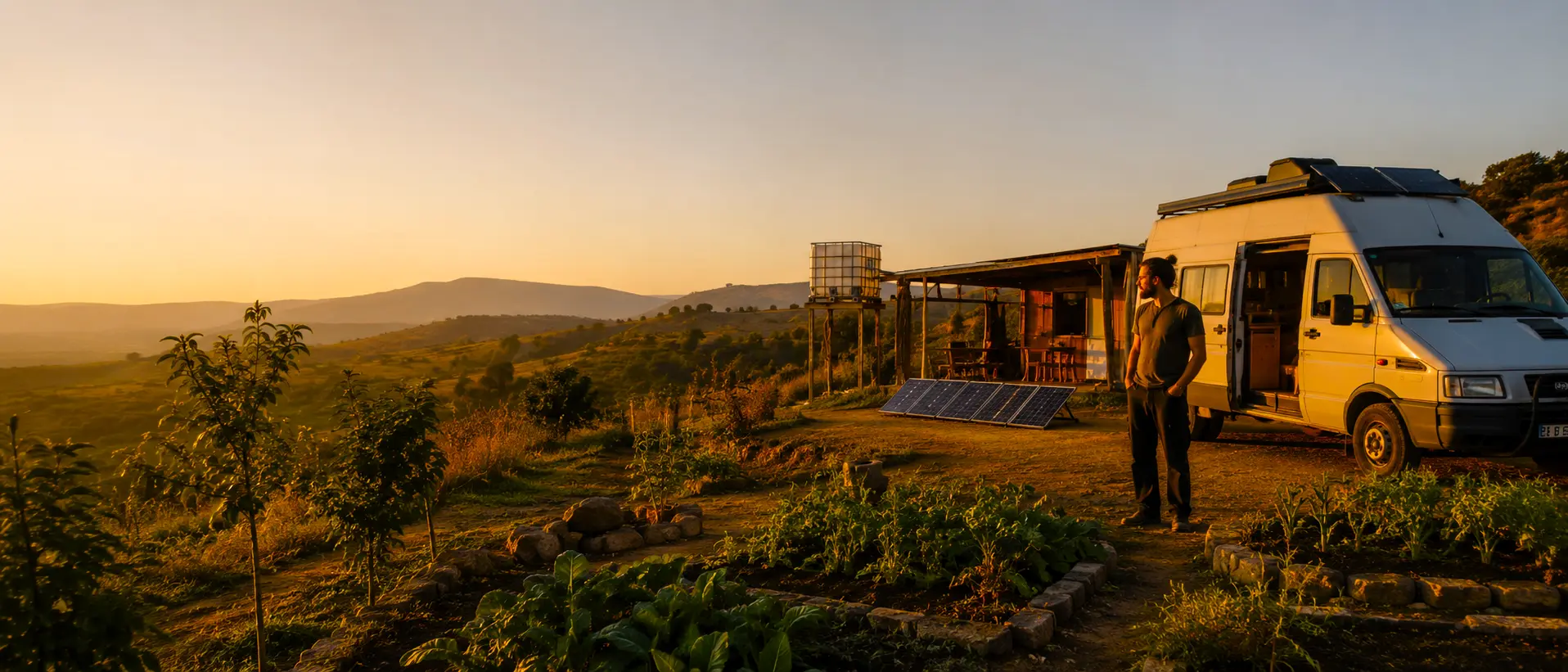 A rural off-grid homestead at sunset with a camper van, solar panels, vegetable gardens and young trees, illustrating simple land-based living and low-cost independence.