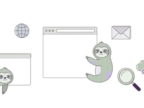 Minimalist illustration with sloths, browser windows, email, globe, search icon and cloud link, representing useful websites for volunteers, slow travellers and digital nomads who want to navigate the web more consciously.
