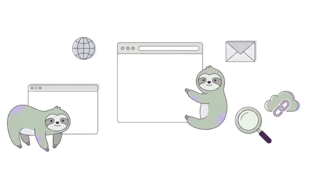 Minimalist illustration with sloths, browser windows, email, globe, search icon and cloud link, representing useful websites for volunteers, slow travellers and digital nomads who want to navigate the web more consciously.