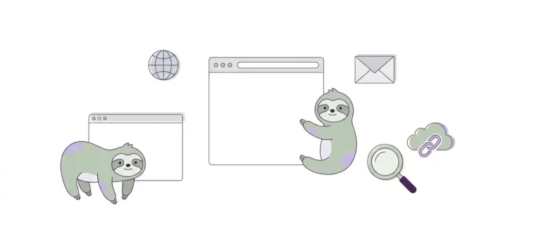 Minimalist illustration with sloths, browser windows, email, globe, search icon and cloud link, representing useful websites for volunteers, slow travellers and digital nomads who want to navigate the web more consciously.