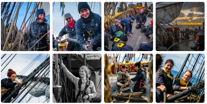Collage of volunteers working with ropes, sails and rigging aboard the Götheborg tall ship in Gothenburg, Sweden, for a ship volunteering opportunity.