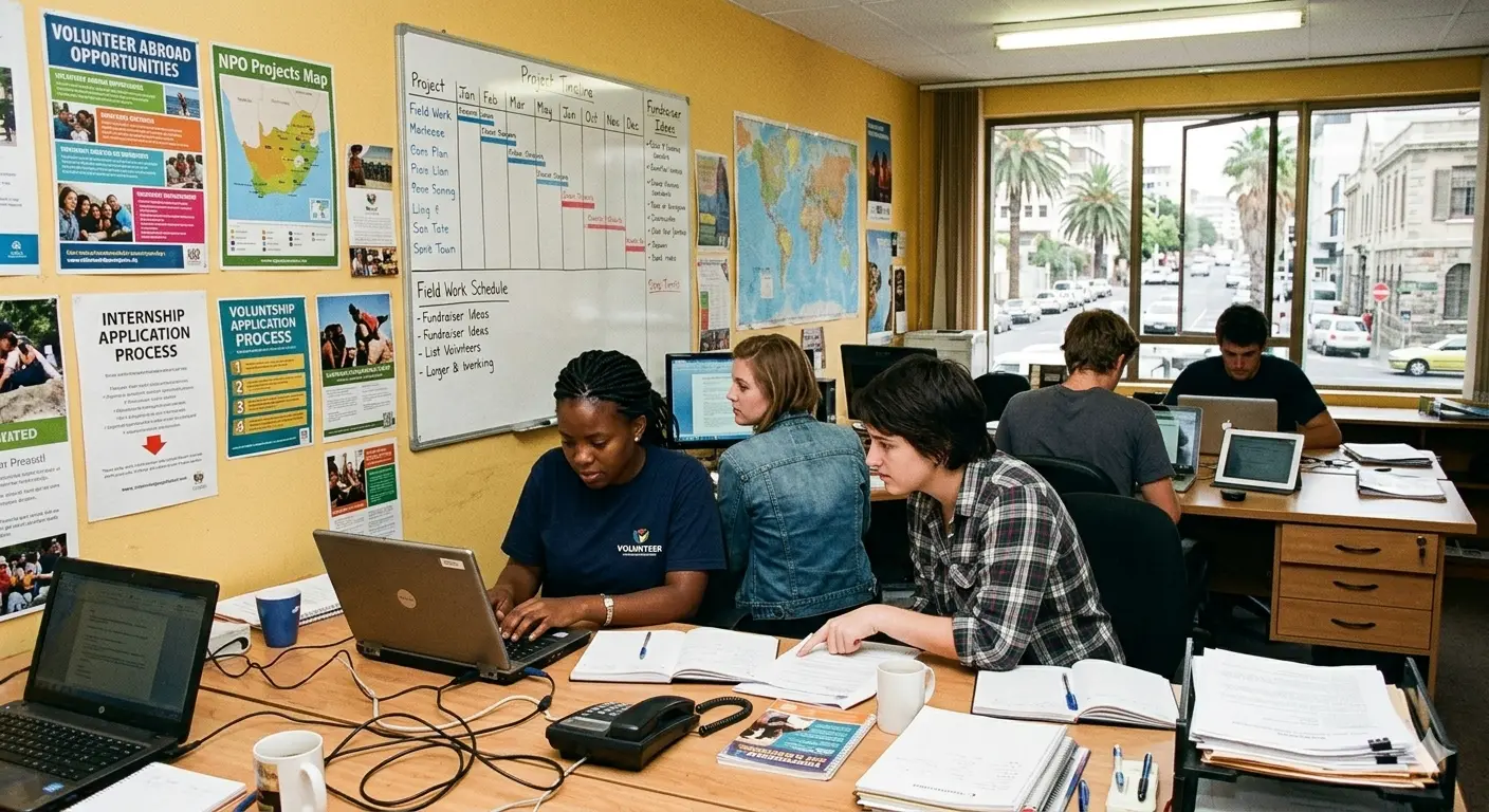Volunteer internships office with students and young volunteers planning international community projects, fieldwork and nonprofit placements.