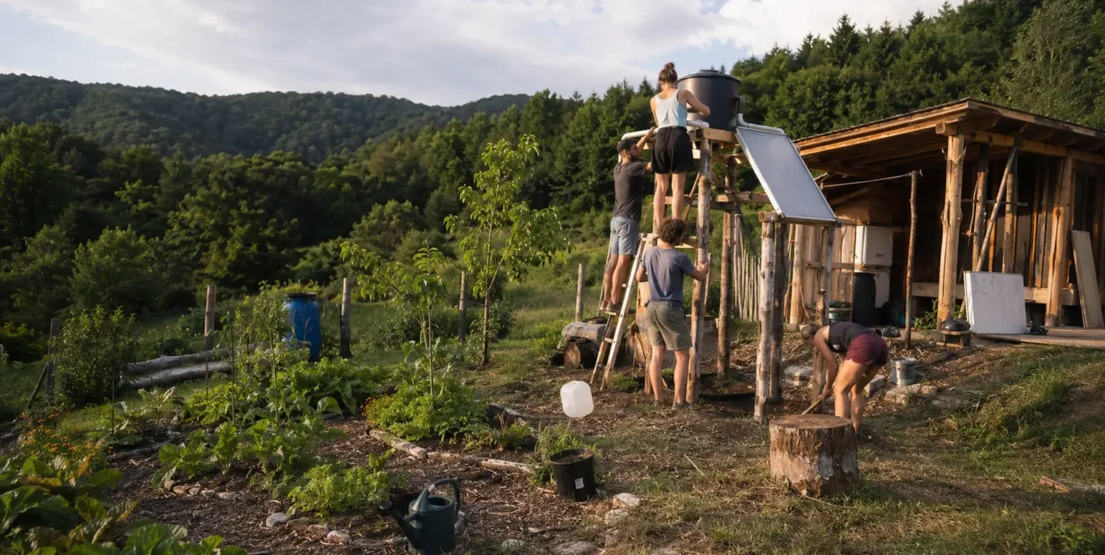 Young volunteers building a solar-heated garden shower beside a rustic wooden shelter in rural Hungary, surrounded by gardens, forested hills and an off-grid sustainability landscape.
