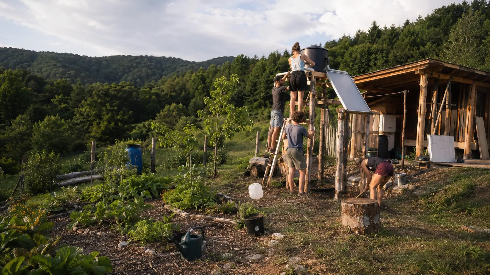 Young volunteers building a solar-heated garden shower beside a rustic wooden shelter in rural Hungary, surrounded by gardens, forested hills and an off-grid sustainability landscape.