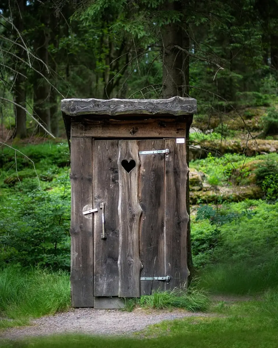 Rustic wooden outdoor toilet in a forest setting at a help exchange project in rural Belgium