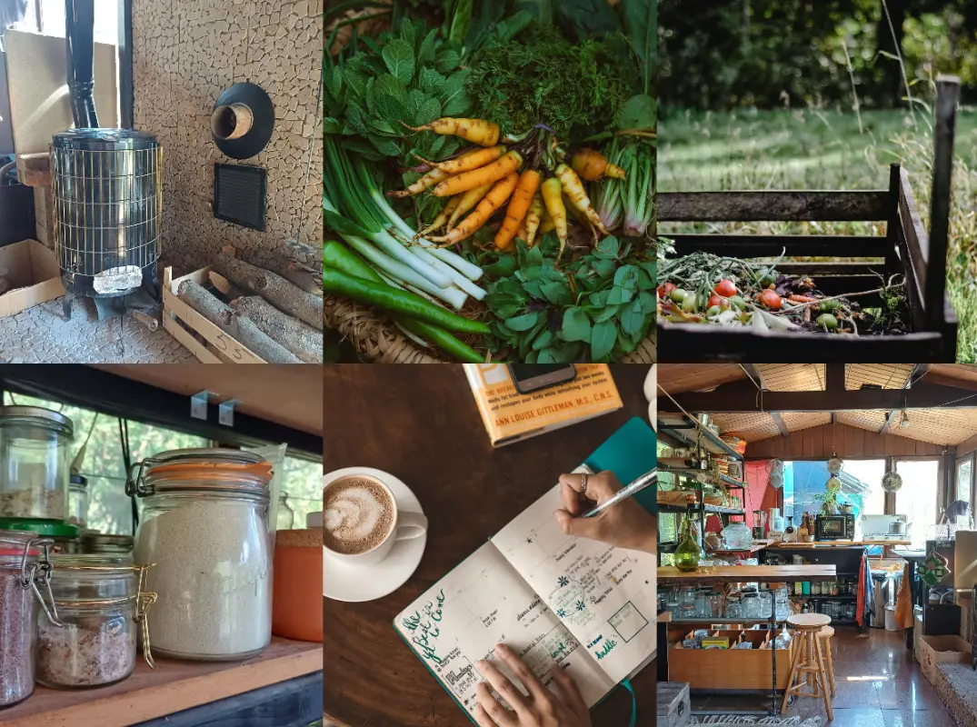 Collage of off-grid living, permaculture harvest, wood stove, kitchen and simple rural life at an eco-habitat in Durbuy, Belgium