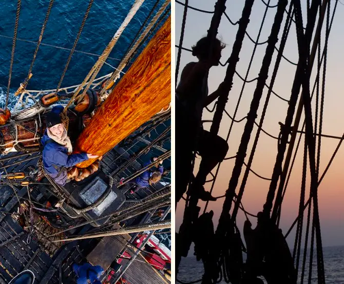 Volunteers in the rigging of the Götheborg wooden sailing ship, showing traditional sailing ship volunteer work in Sweden.