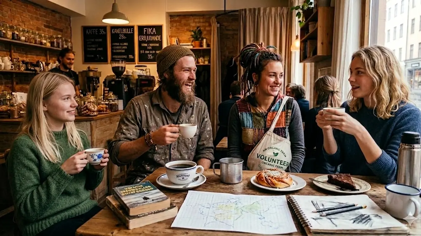 People sharing coffee and pastries in a cozy café during Swedish fika, a traditional social coffee break in Sweden.