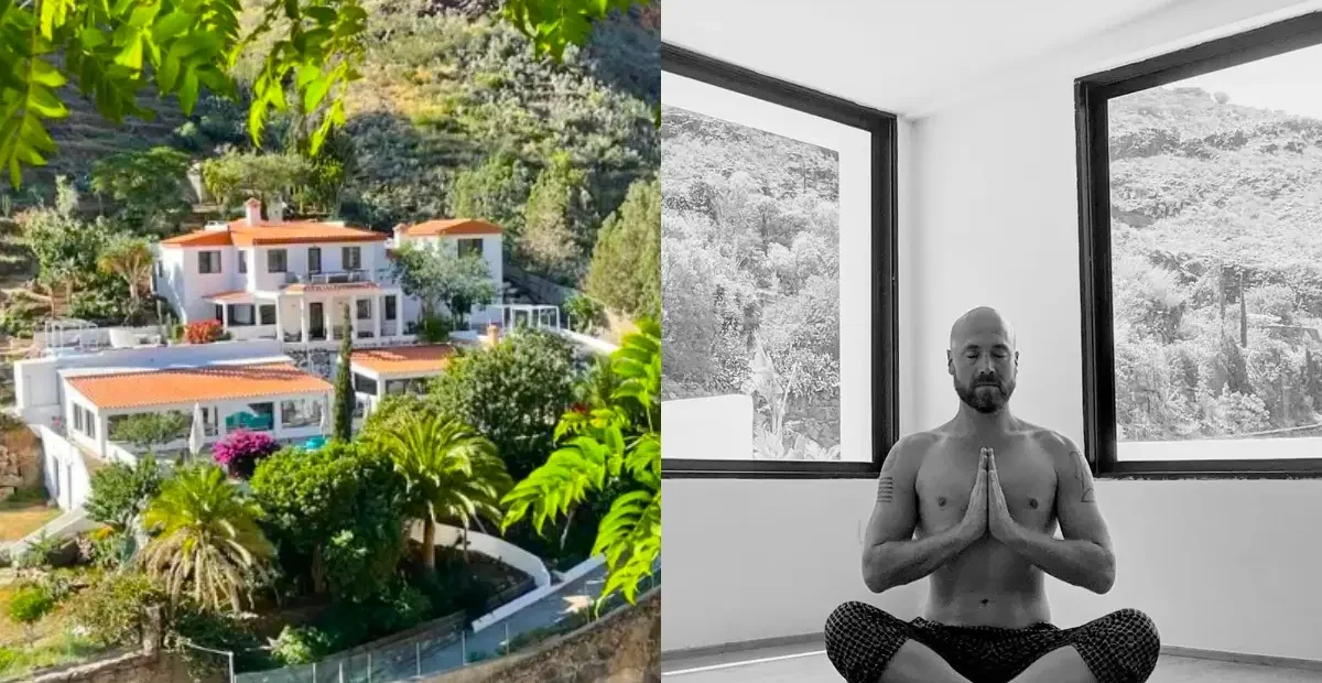Aya House retreat centre near Maspalomas in Gran Canaria and a man meditating in its yoga studio