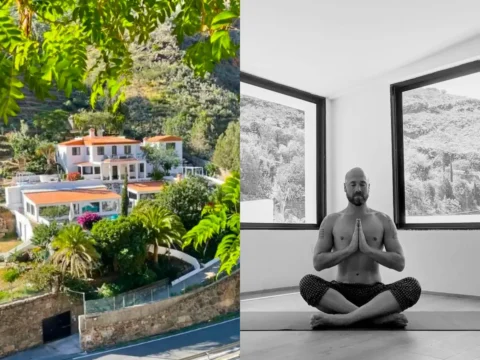 Aya House retreat centre near Maspalomas in Gran Canaria and a man meditating in its yoga studio