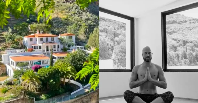 Aya House retreat centre near Maspalomas in Gran Canaria and a man meditating in its yoga studio