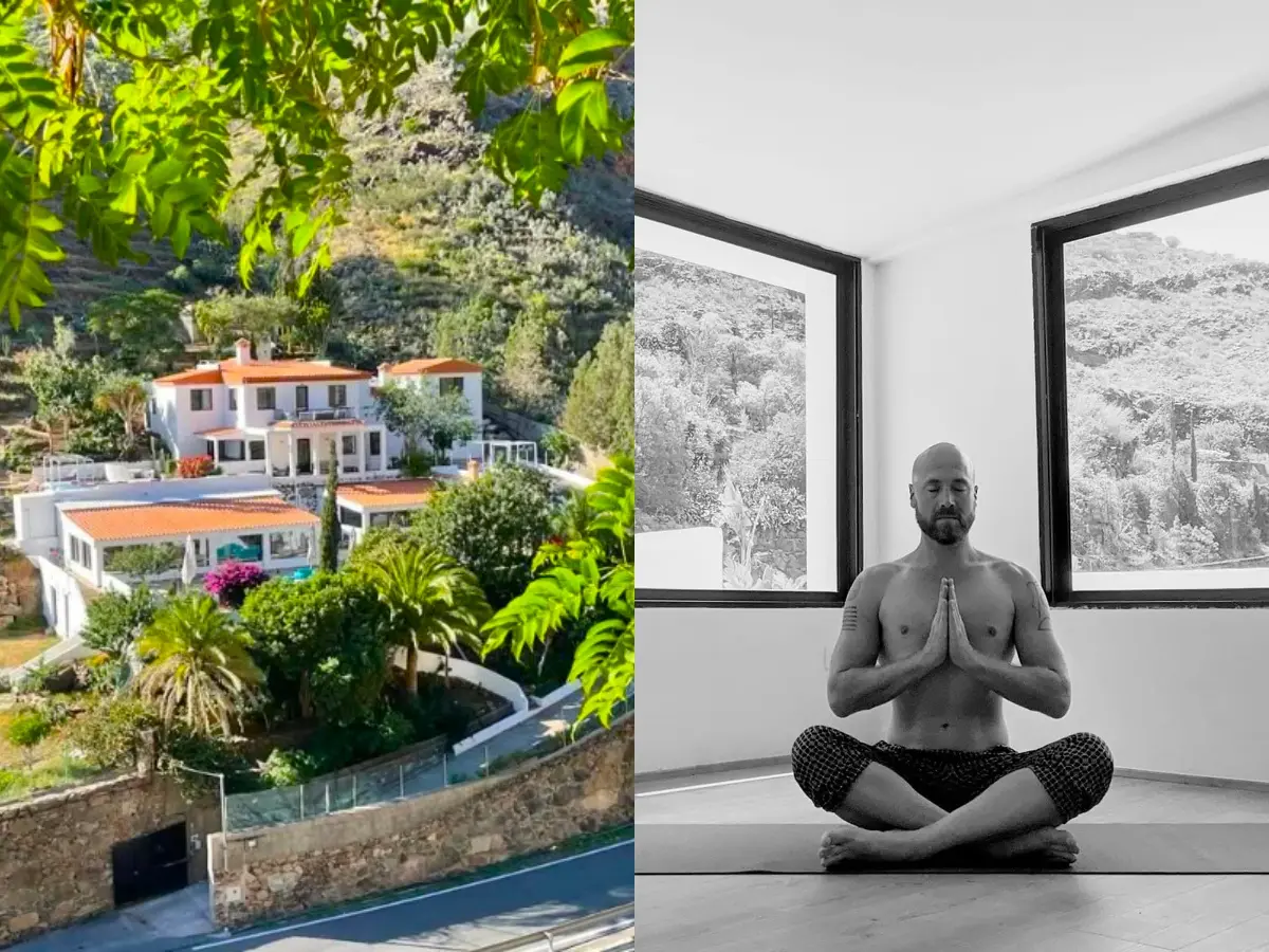 Aya House retreat centre near Maspalomas in Gran Canaria and a man meditating in its yoga studio