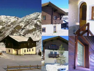 Collage of Baita Zelda chalet in snowy Livigno, showing the alpine exterior, wooden balconies, entrance and an interior window.