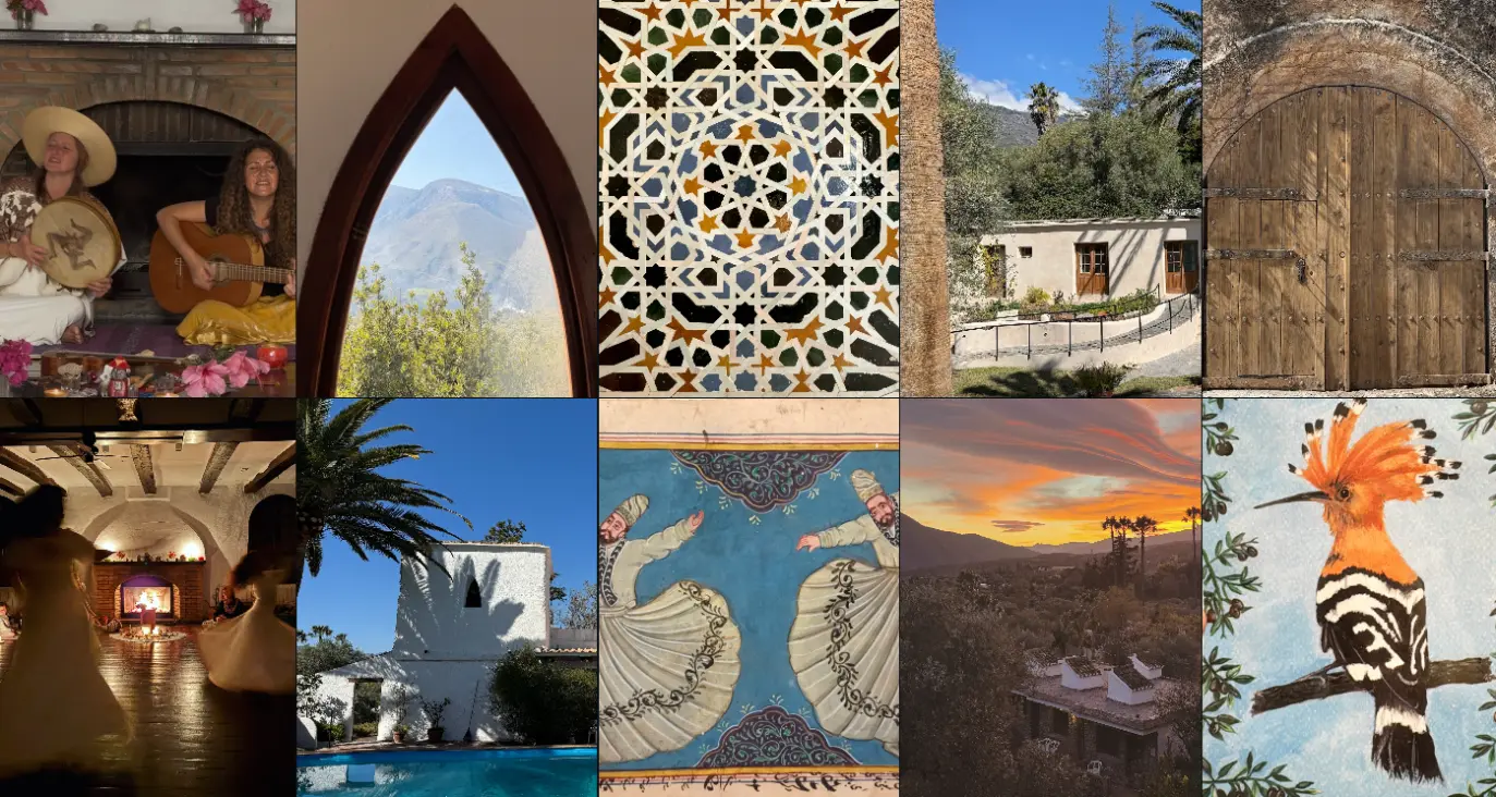 Collage of a retreat center in southern Spain with music, mountain views, traditional tiles, white buildings, wooden doors, meditation spaces, sunset landscapes, and nature-inspired artwork.
