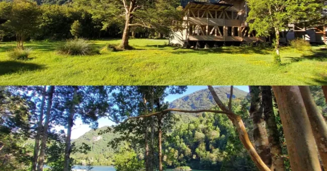 Salvatierra Lodge in Puerto Cisnes, Chilean Patagonia, surrounded by forest, mountains and a turquoise river.