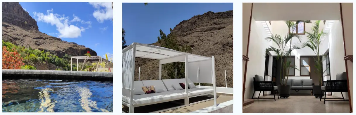 Three views of Aya House retreat centre near Maspalomas, Gran Canaria, showing the outdoor pool, shaded terrace and indoor courtyard
